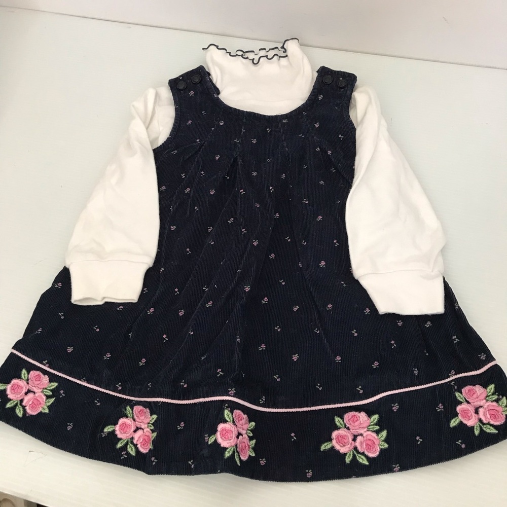 Vintage Samara Floral Embroidered Navy Dress with White Sleeves Size 3T